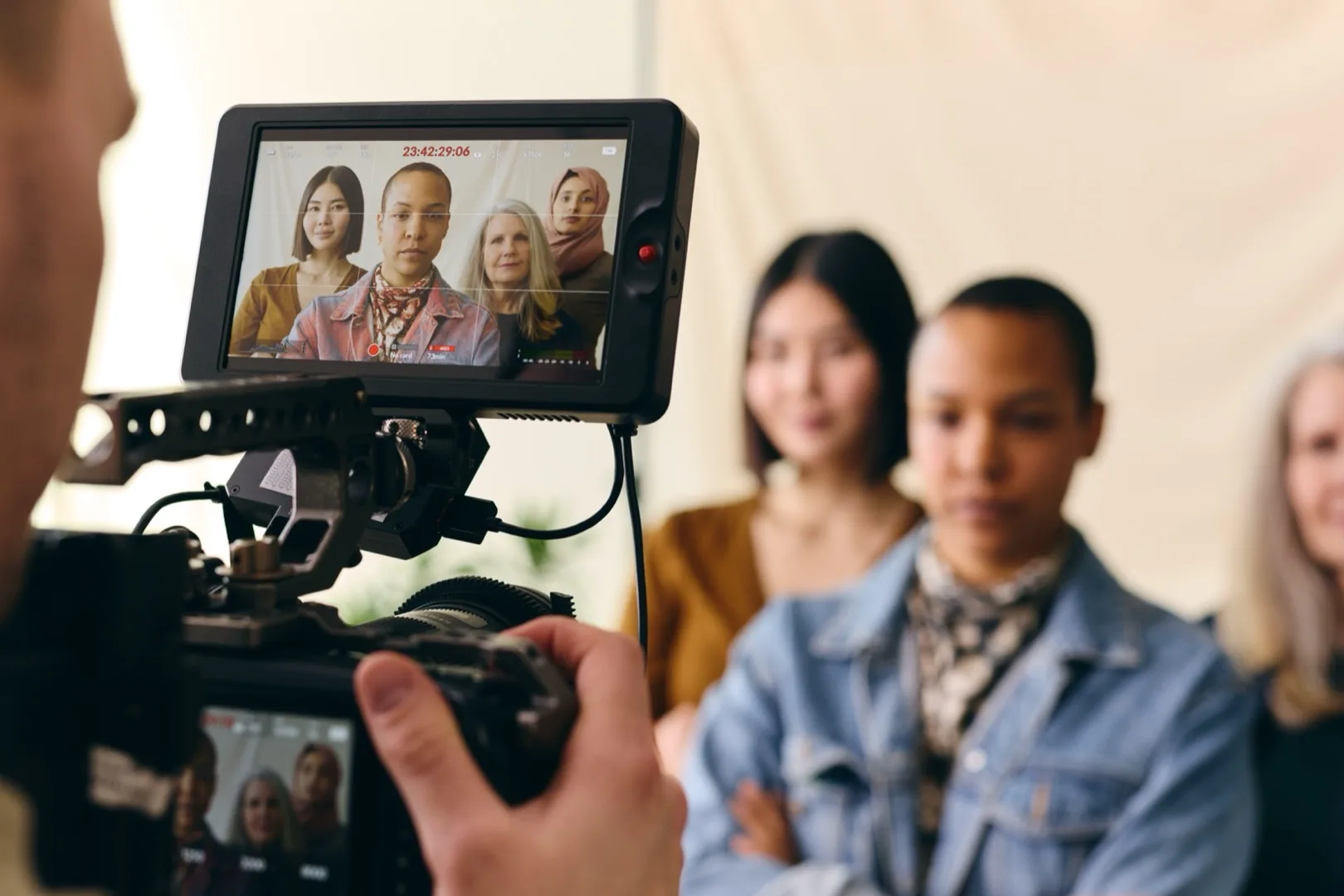A film crew on set during a video shoot